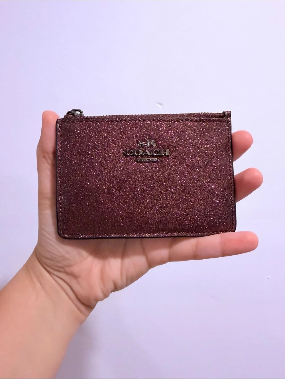 Coach Glitter Zip Card Case Wallet - Burgundy